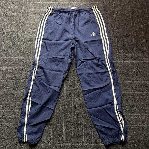 adidas Other - Vintage 90s Adidas navy blue windbreaker pants Large white stripes track joggers